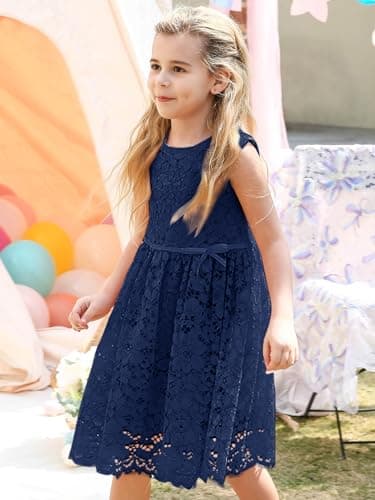 ALLOVIN Girls & Toddlers Sleeveless A-Line Lace Party Dress Birthday Wedding & Flower Girl Dress with Beaded Bowknot | Navy Blue | 3-4T - Thumbnail 5