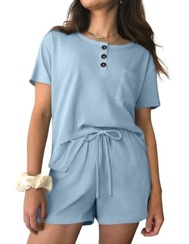 Ekouaer Womens Pajama Sets 2 Piece Ribbed Knit Pjs Short Sleeve Soft Sleepwear Summer Lounge Sets,Light Blue,S - Image 1