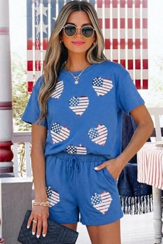 MYHALF 4th of July Sets for Women Sequin Star Graphic Shirt and Shorts Patriotic Outfits 2 Piece Short Sleeve Lounge Set - Thumbnail 5
