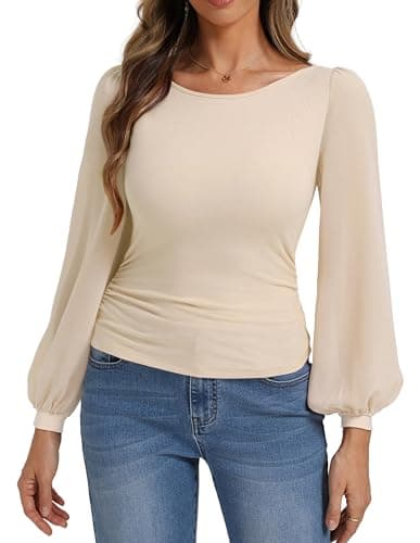 Belle Poque Women's Mesh Long Sleeve Tops Boat Neck Bow Tie Back Dressy Blouses 2026 Spring Going Out Outfits Beige XXL - Image 1