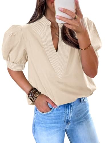 Cicy Bell Womens Puff Short Sleeve Blouses Summer Casual Dressy Contrast Stitch V Neck Tops Loose Fit Tee Shirts Beige - Image 1