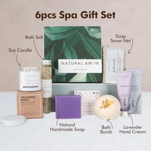 Natural Amor Handmade Spa Gift Set 6 pcs– Includes Citrus Bath Bomb, Lavender Hand Cream, Soap, Bath Salt, Candle – Relaxing Self-Care Kit for Women - Thumbnail 2