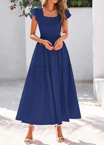 KIRUNDO Smocked Summer Dresses for Women 2026 Wedding Guest Midi Flowy Ruffle Short Sleeve Square Neck Tiered Sundress(Dark Blue, X-Large) - Thumbnail 6