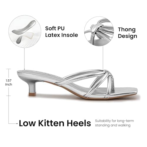 Athlefit Silver Heels for Women Square Toe Strappy Kitten Heel Thong Sandals Slip On Dress Flip Flop Low Heels for Prom Size 8 - Thumbnail 4
