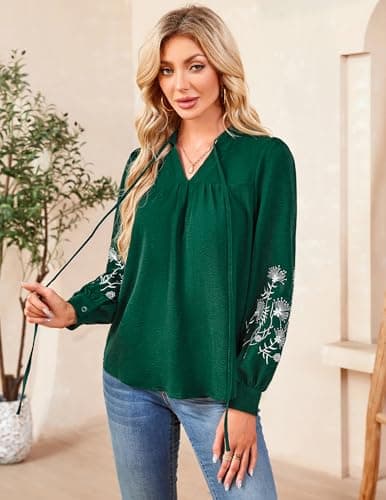 LOOKBOHO Women's Long Sleeve Tops Casual Floral Embroidered Puff Trendy Pleated V Neck Boho Blouses Tie Front Shirts XXL - Thumbnail 4