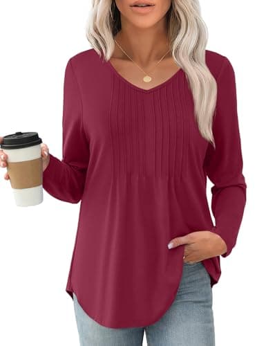 JUSTFASHIONNOW Winter Tops for Women V Neck Long Sleeve Shirts Pleated Plus Size Tunic Tops Peplum Dressy Blouses Women's Christmas Work Clothes Trendy 2025 (Wine Red, XX-Large) - Thumbnail 4