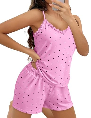 JUSTFASHIONNOW Womens Pajama Sets Shorts Cute Tank Top Shorts Set Ruffle Polka Dots Pj 2 Piece Summer V Neck Pajama Soft Lingerie Sleepwear(Pink,Small) - Thumbnail 4