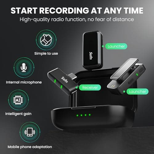 Sofn Wireless Lavalier Microphone for iPhone Android,Mini Mic with Charging Case,Lapel Wireless Mic with Noise Cancellation for Recording,YouTube,TikTok,Vlog,Podcast - Thumbnail 2