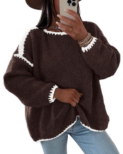 KIRUNDO Womens Sweaters 2026 Fall Oversized Long Sleeve Chunky Knit Crew Neck Contrast Stitching Pullover Winter Clothes(Brown, Medium) - Image 1