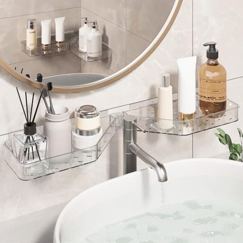 Corner Shower Caddy, Wall Mounted Acrylic Shower Shelf with Adhesive Tapes,Drainage Holes,Adjustable Angles,No Drilling,Hanging Shower Storage Organizer for Bathroom Toilet Kitchen Organization - Image 1