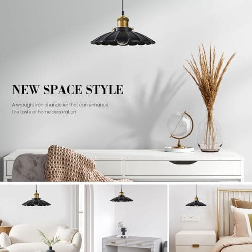 Oyisen Black Pendant Light, 9.8 Inch Retro Hanging Lamp for Bedroom, Glossy Hanging Kitchen Lights Living Room 6.5Ft Height Adjustable Indoor Pleated Pendant Light - Thumbnail 4