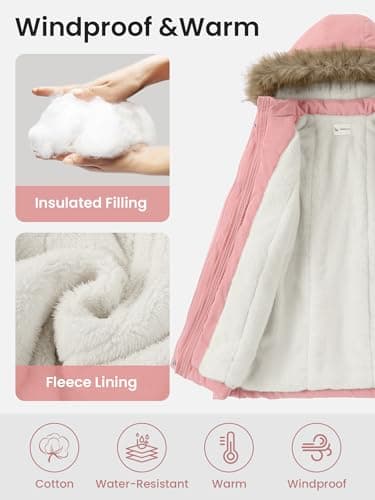 XMWEALTHY Girls Long Winter Coat Warm Puffer Down Jacket Kids Parka Hooded Thicken Snow Fleece Lined Outerwear Toddler Pink 4T - Thumbnail 5