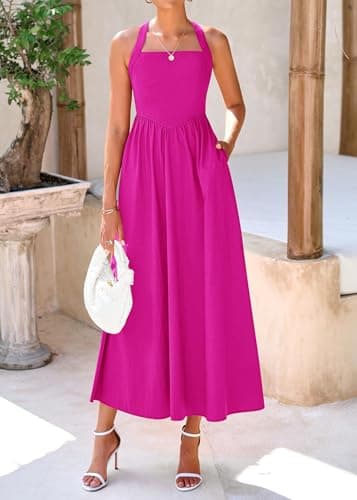 KIRUNDO Summer Dresses for Women 2026 Halter Maxi Wedding Guest Party Cocktail Semi Formal Elegant Classy Long Sundress(Rose Red, Small) - Thumbnail 3