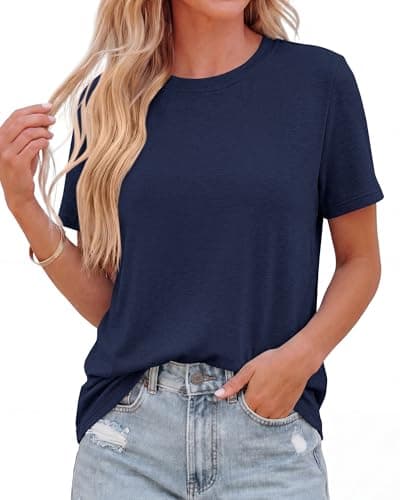 KIRUNDO T Shirts for Women 2026 Summer Crewneck Short Sleeve Tops Casual Knit Plain Basic Tees Shirt Fashion Clothing(Navy, Small) - Image 1