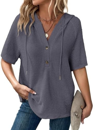 Dokotoo Womens Summer Tops Button Up V Neck Short Sleeve Shirts for Women Drawstring Hoodie Sweatshirts Casual Loose Blouses Lightweight Waffle Knit Fashion Outfits Trendy Clothing Dark Grey X-Large - Image 1