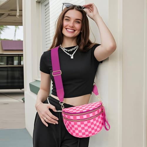 WOOMADA Checkered Crossbody Bag Bum Bag for Women, Fanny Pack Checkered Purse, Belt Bag with Shoulder Strap(Hot Pink Checkerboard) - Thumbnail 5
