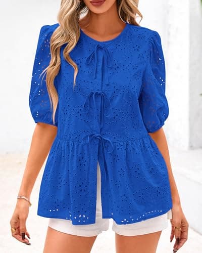 KIRUNDO Peplum Tops for Women 2026 Summer Eyelet Tie Front Blouses Casual Short Lantern Sleeve Cute Y2K Lace Babydoll Shirts(Blue, Medium) - Thumbnail 3