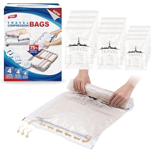TAILI 12 Travel Compression Bags, Roll Up Space Saver Bags (4 Small+4 Medium+4 Large), Hand Roll Packing Storage Bags for Baggage, Suitcase and Cruises, No Pump Needed, Travel Essentials, Clear - Image 1