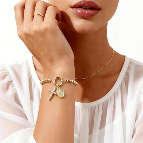 Womens Gold Beaded Cross Bracelet - 14k Gold Plated Virgin Mary Bracelets,Non Tarnish Religious Rosarios Catolicos Virgen de Guadalupe Cross Jewelry,Catholic Confirmation Baptism Gifts for Woman - Thumbnail 6