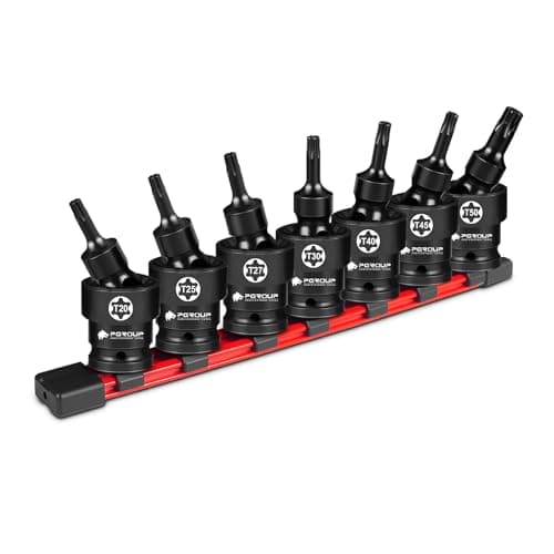 Pgroup 7PCS 3/8" Drive Universal Swivel Impact Torx Socket Set, T20-T50, CR-MO Wobble Star Sockets With Hanging Bracket for Dead Angles, Auto Repair, Mechanical Maintenance - Image 1