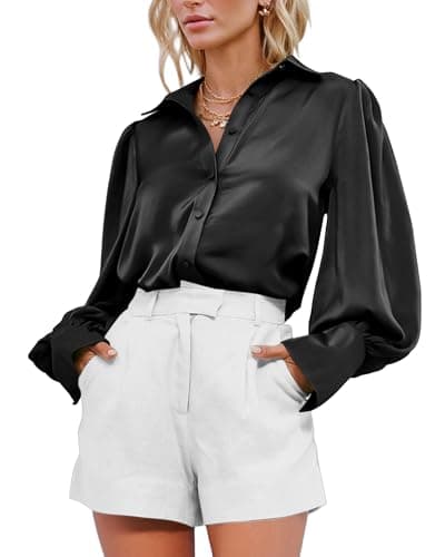 BTFBM Women Satin Blouses Summer Fall Clothes Button Down Lantern Long Sleeve Shirts Work Business Casual Dressy Tops(Black, Large) - Image 1