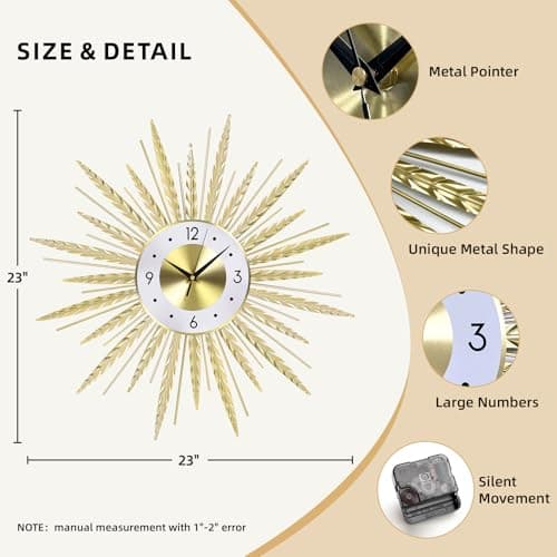 Anmotpe 23 inch Gold Starburst Wall Clock, Silent Non-Ticking Large Modern Starburst Decorative Clock for Home Decor, Living Room, Bedroom, Office - Thumbnail 2