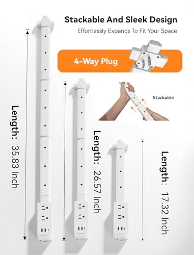 Blueera Electrical Outlet Extender Stick Features USB-C, 2 USB-A, 2AC Outlets, 17"-36" Extandable Outlet Access Hard-to-Reach, 4-Way Wall Plug Power Socket Extender Behind Couch, Nightstands-1 Pack - Thumbnail 3