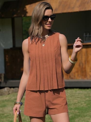 EXLURA Linen Sets for Women 2 Piece Sleeveless Pleated Babydoll Tops Casual Matching Short Set Summer Beach Vacation Outfits - Thumbnail 3