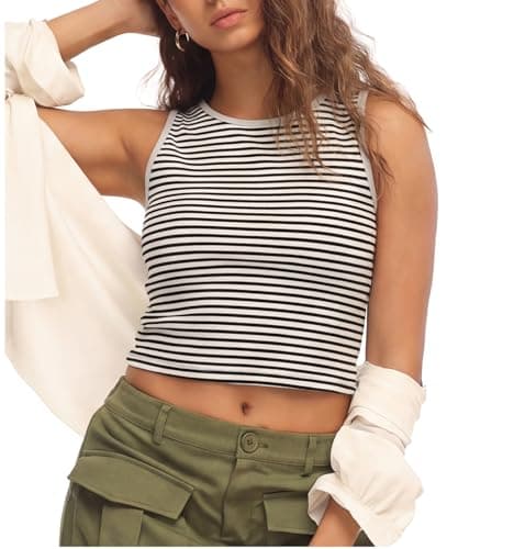 HiMONE Women’s Casual Striped Crop Tank Top Sleeveless Crew Neck Fitted Stretch Summer Basic Tank Top M - Image 1