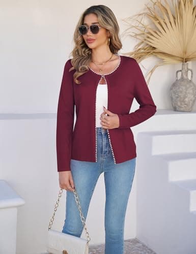 CiCiBird Women Lightweight Open Front Sweater Cardigan Pearls Trim Knit Jacket Trendy Long Sleeve Clothes Coatigan Burgundy M - Thumbnail 5