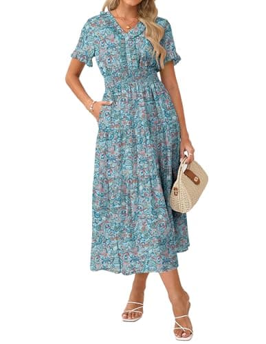 GRACE KARIN Casual Summer Dress for Women 2026 V-Neck Short Sleeve Ruffle Maxi Dress Blue Green Floral XXL - Image 1