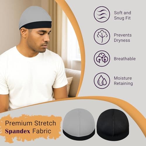DURALA Adjustable Wave Caps for Men, Premium Elastic Stocking Cap for 360 540 720 Wave (Black+Silver) - Thumbnail 4