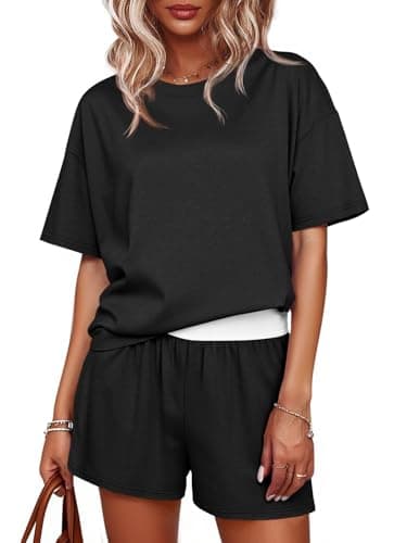 Tankaneo Womens Short Sets 2 Piece Summer Vacation Outfits Short Sleeve T-shirts Elastic Waist Shorts Matching Set, Black, Large - Image 1