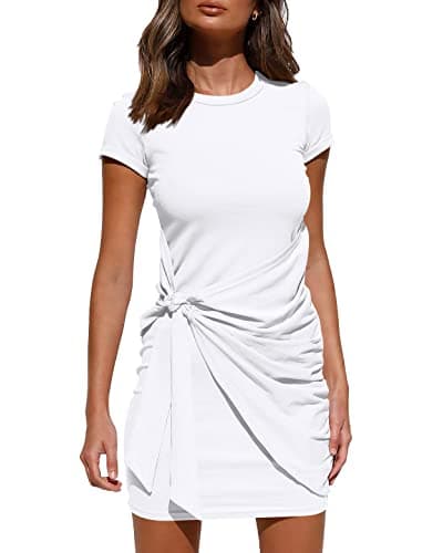 BTFBM Women 2026 Spring Casual Short Sleeve Ruched Bodycon Tank T Shirt Dress Tie Waist Sun Beach Summer Mini Dresses(Short Sleeve White, X-Large) - Image 1