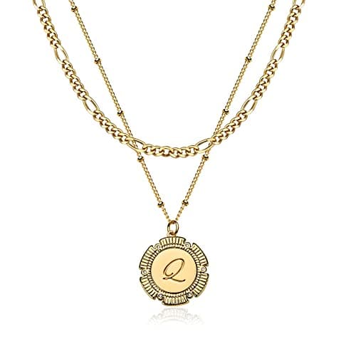 Fettero Gold Layered Initial Necklaces for Women, 14K Gold Plated Retro Circular Letter Dainty Figaro Chain Choker Necklace Personalized Jewelry Birthday Gift for Women Letter Q - Image 1