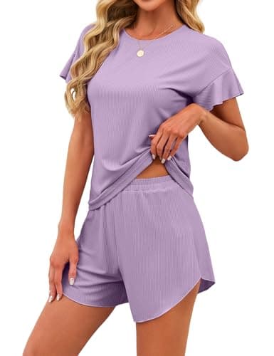 JUSTFASHIONNOW Women's Pajama Set Ruffle Sleeves Top and Short Soft 2 Piece Loungewear Set Purple - Image 1