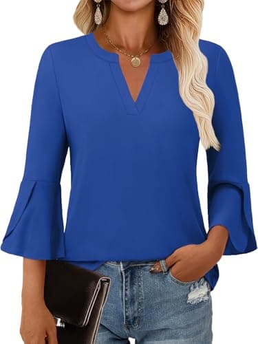 GKBK Women's Blouses Ruffle 3/4 Sleeve Dressy Top V Neck Casual Tunic Blouses Business Shirts Royal Blue XL - Image 1