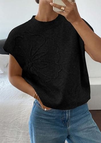 PRETTYGARDEN Women's 2026 Spring Sweater Vest Trendy Flower Knit Short Sleeve Cute Pullover Tank Tops Summer Fashion Clothing (Black,Medium) - Thumbnail 3