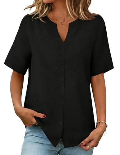 SEMARO Womens Button Down Shirts Short Sleeve V Neck Button Up Blouses Summer Cotton Linen Casual Tops Black - Image 1