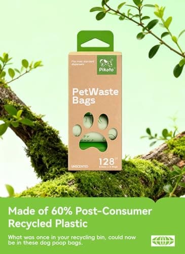 Pikoto Dog Poop Bags Rolls, 128 Count (8 Refills) - 60% Recycled Plastic Unscented - Leak Proof, Extra Thick Waste Bag with Easy-Peel Sticker (Green) - Thumbnail 5