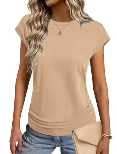 GKBK Womens Summer Tops Trendy 2026 Ruched Cap Short Sleeve Shirts Crew Neck T Shirts Fashion Khaki M - Image 1