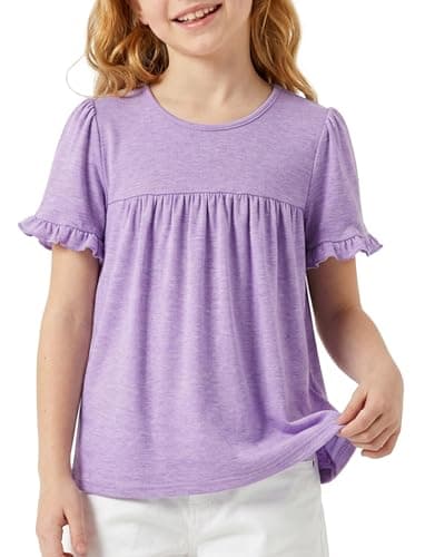 PATPAT Girls Short Sleeve Casual T Shirts Size 7-8 Years Purple Summer Ruffle Solid Crewneck Tops Little Girl Cute Preppy Fasion Tees Blouses - Image 1