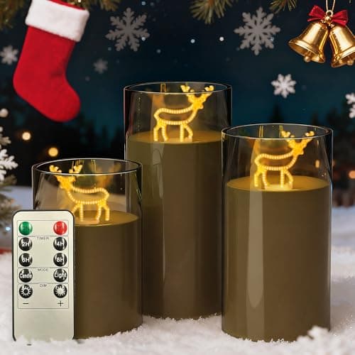 L LOHAS LED Christmas Electronic Candle Night Lights with Remote, 3-Pack Reindeer LED Flameless Candles, Battery Operated Flickering Night Light, 5 Brightness Levels & Timer, for Holiday Home Decor - Image 1