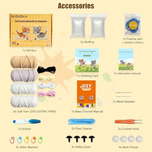 AI.QVOKA Crochet Kit for Beginners Kids Ages 8-12, Learn to Crochet Kit for Adult Beginners | Cat Crochet Animal Kit with Step-by-Step Video Tutorials – Perfect Crochet Gifts for Girls (2 Pack) - Thumbnail 5