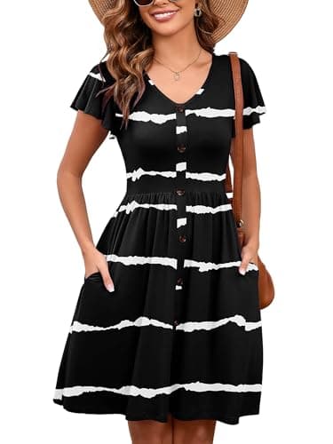 Heymoments Women Summer Dress White Stripes X-Large Ruffle Sleeve V Neck Casual Cute Loose Sundress Comfy Swing Button Down Midi Work Flowy Tunic Ladies Beach Vacation Teacher Dresses with Pockets - Image 1