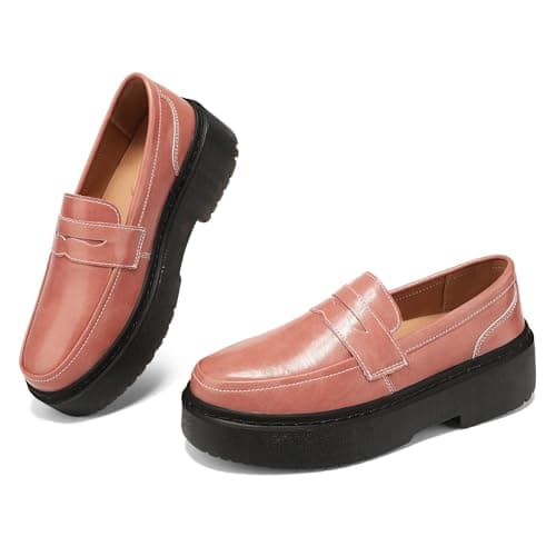 BEAUSEEN Women's Platform Chunky Penny Loafers Comfortable Lug Sole Slip-On Business Work Casual Dressy Shoes Pink, 7.5 US - Image 1