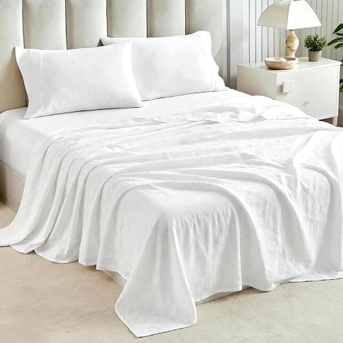 Tokokimo Washed Cotton-Linen Feel 4-Piece Queen Size Sheet Set for Busy Lifestyles – 10-16" Deep Pocket Bed Sheets with Natural Wrinkles, Quick-Dry, Breathable, Soft, White - Image 1