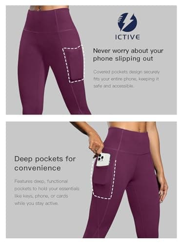 Fihapyli ICTIVE Women High Waist Workout Pants with Pockets Yoga Gym Running Pilates Fitness Leggings Running Darkpurple S - Thumbnail 5