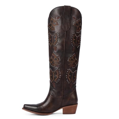 Easyfox Cowboy Boots for Women Dark Brown Rhinestone Knee High Cowgirl Boots Chunky Heel Chocolate Butterfly Embroidered Western Boot Slip on Pointed Toe Block Heel Cow Girl Boot Size 10 - Thumbnail 4
