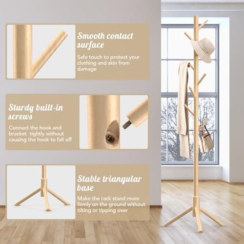 OUTGAVA Wooden Coat Rack Freestanding with 8 Hooks,Easy Assembly New Zealand Pine Tree Coat Racks, 3 Adjustable Sizes for Clothes, Hats, Bags, for Entryway, Hallway, Bedroom, Office (Natural, 1 PC) - Thumbnail 5